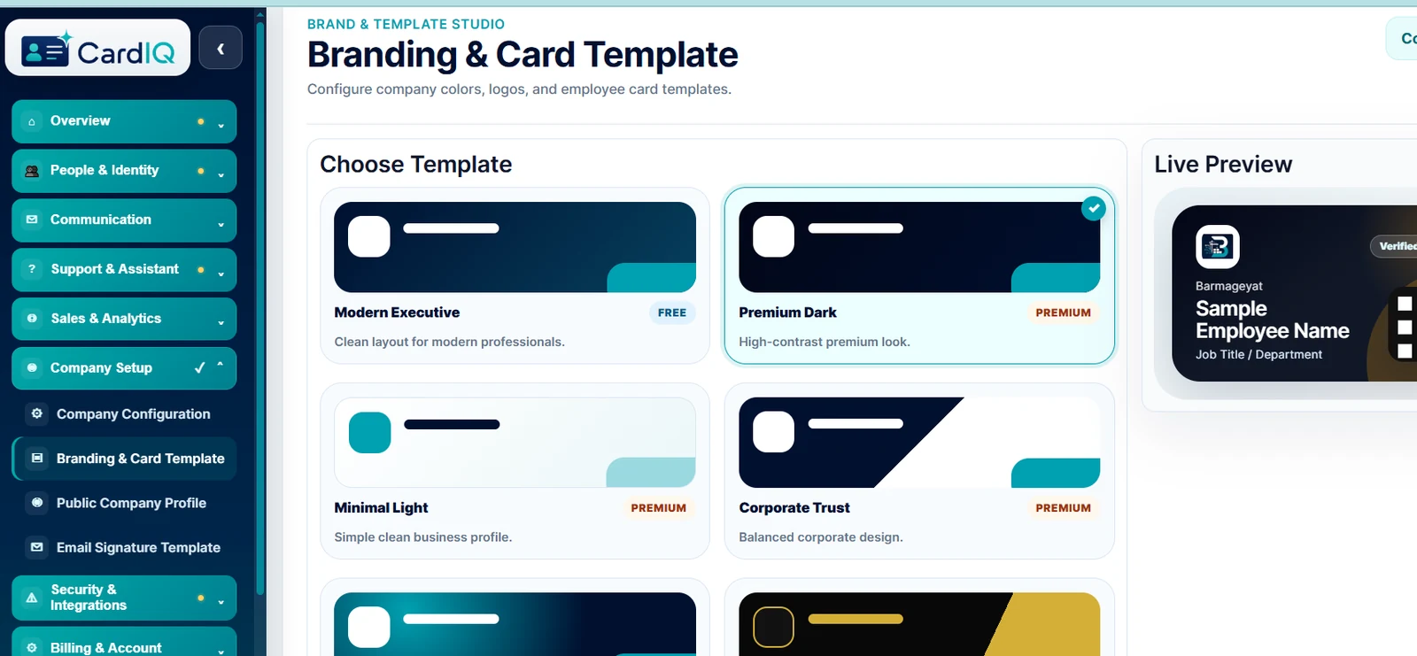 CardIQ brand and card template studio for standardized corporate digital card designs.
