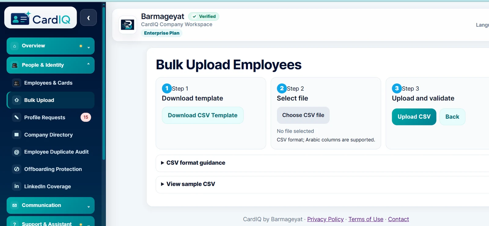 CardIQ bulk employee onboarding interface for structured CSV import and validation.