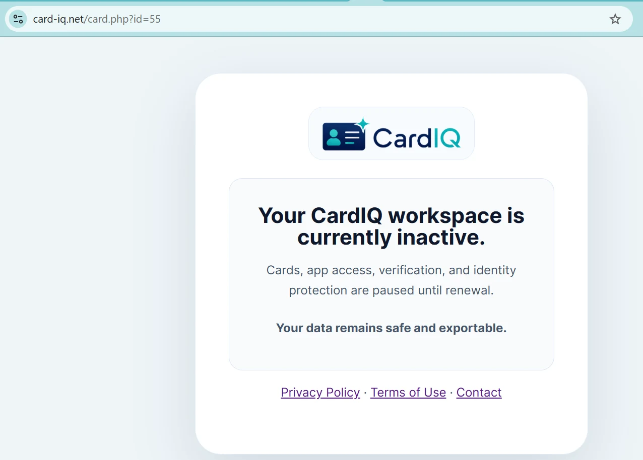 CardIQ inactive workspace notice explaining that identity services are paused while company data remains safe and exportable.