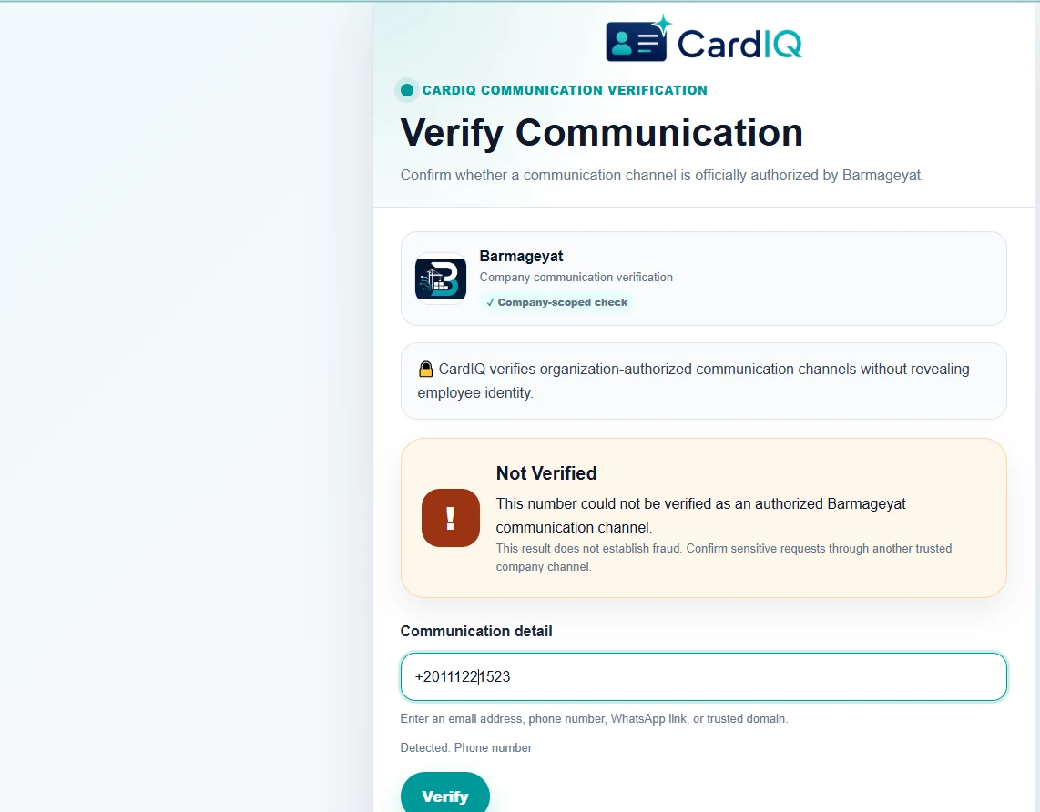 CardIQ Communication Verification interface showing privacy-preserving corporate communication validation.