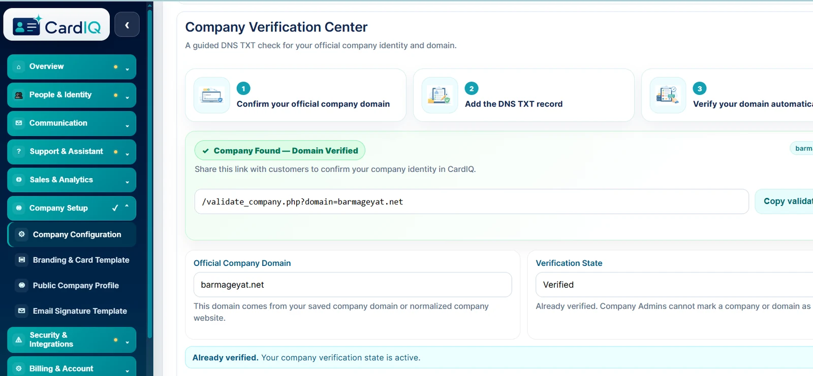 CardIQ company verification center showing controlled DNS domain verification.