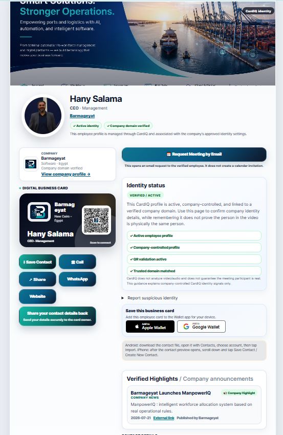 CardIQ verified employee public profile with business card, QR code and approved contact actions.