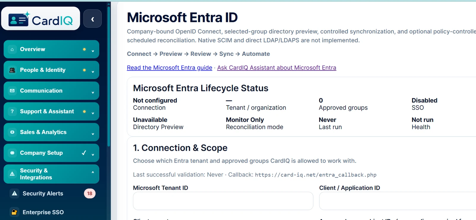 CardIQ Microsoft Entra lifecycle integration for controlled directory preview and synchronization.