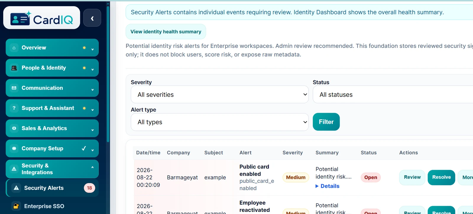 CardIQ security alerts interface showing corporate identity risk signals.