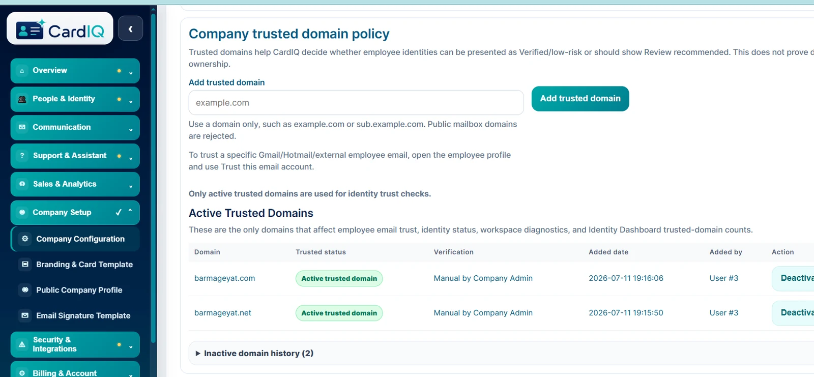 CardIQ trusted domain management interface for corporate identity authorization.