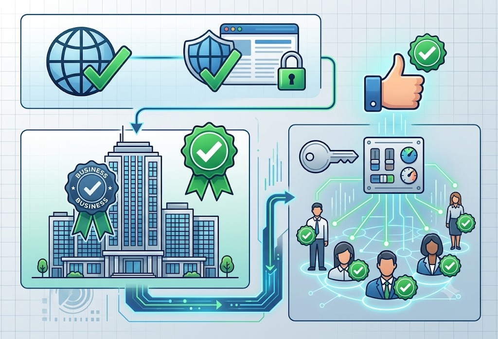 Illustration showing the verification flow: verified domain, verified company, and verified employee card
